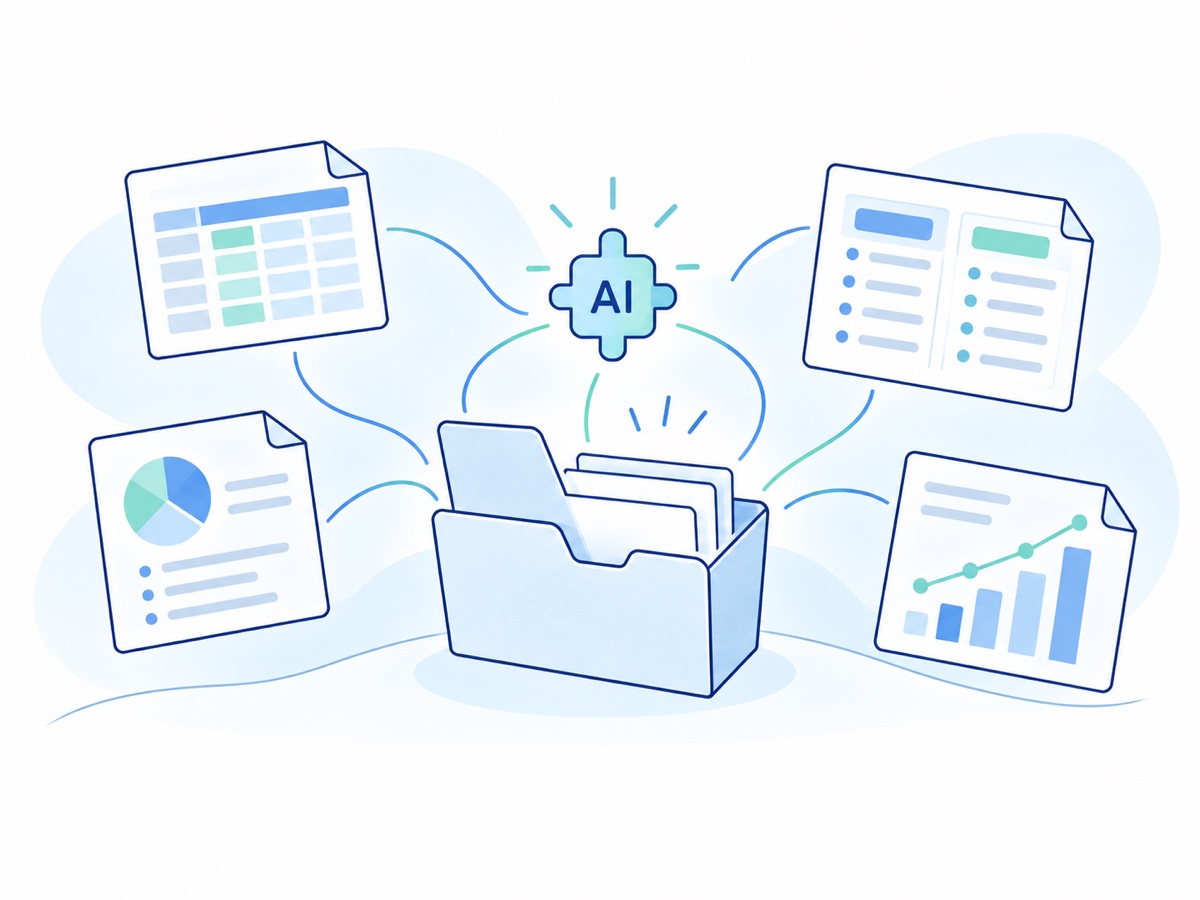 AI を使って、資料・比較表・グラフへ仕事の道具を広げるイラスト
